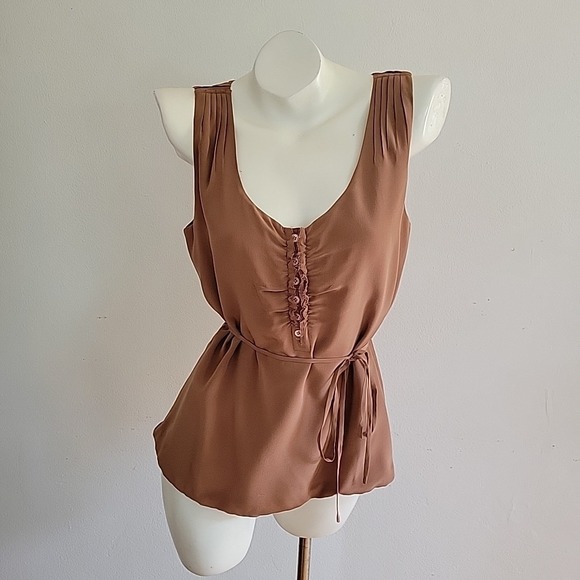J.CREW Tops - J Crew Silk Chiffon Belted Blouse Small Chocolate Brown Sleeveless Chic Feminine